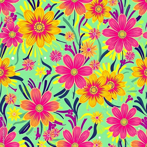 Wallpaper Mural Vibrant Floral Fiesta: A seamless pattern explodes with color, featuring a lively mix of pink and yellow cosmos flowers against a refreshing mint green background. Perfect for textile design. Torontodigital.ca