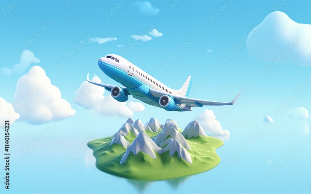 Obraz premium Airplane flying over ocean and a small island with mountains, blue sky.