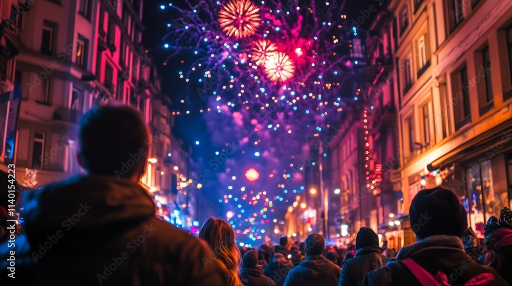 A vibrant city street scene of people watching colorful fireworks in the night sky. A vibrant city street scene of people watching colorful fireworks in the night sky.