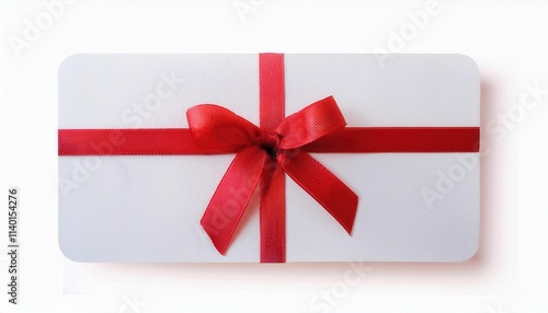 Elegant White Gift Card Wrapped in Vibrant Red Ribbon Bow. Perfect for Birthdays, Holidays, Anniversaries, or Special Occasions. Stylish, Versatile, and Thoughtful Gift Idea for Loved Ones photo