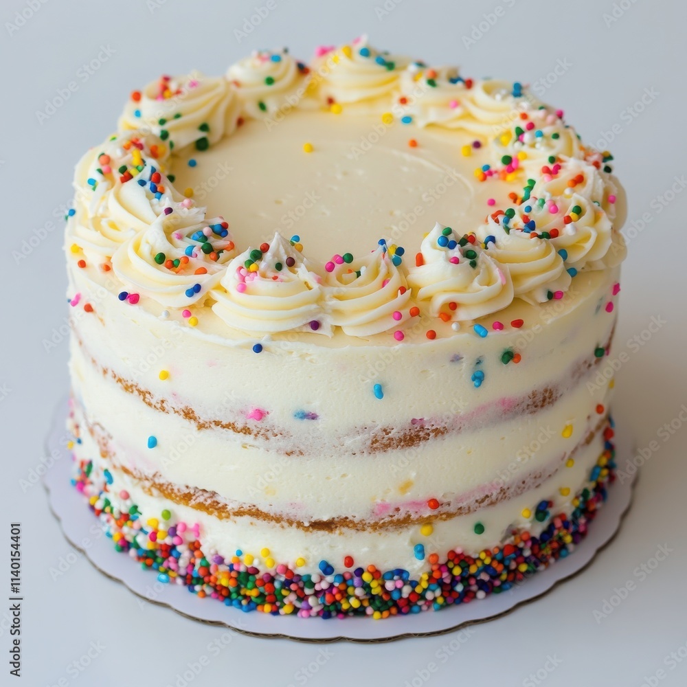 A layered vanilla cake with colorful sprinkles and a smooth icing on a white background A layered vanilla cake with colorful sprinkles and a smooth icing on a white background