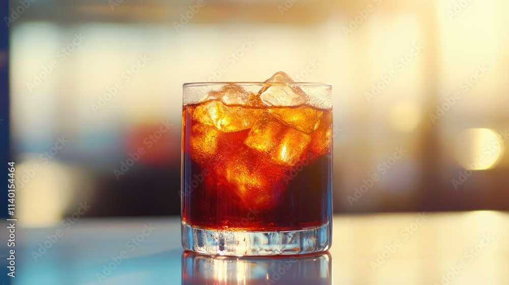 Iced dark beverage in a rocks glass on a reflective surface with a blurred sunset background. Iced dark beverage in a rocks glass on a reflective surface with a blurred sunset background.