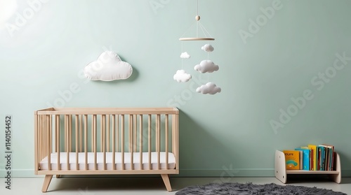 Serene Nursery Decor: Wooden Crib, Cloud Mobile, and Pastel Walls