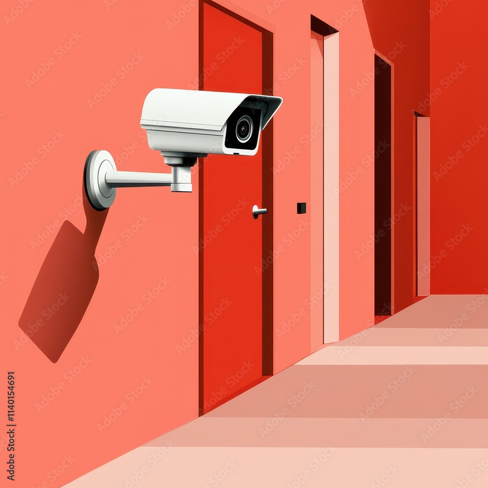 Modern surveillance camera mounted on red wall near doors in urban setting Modern surveillance camera mounted on red wall near doors in urban setting