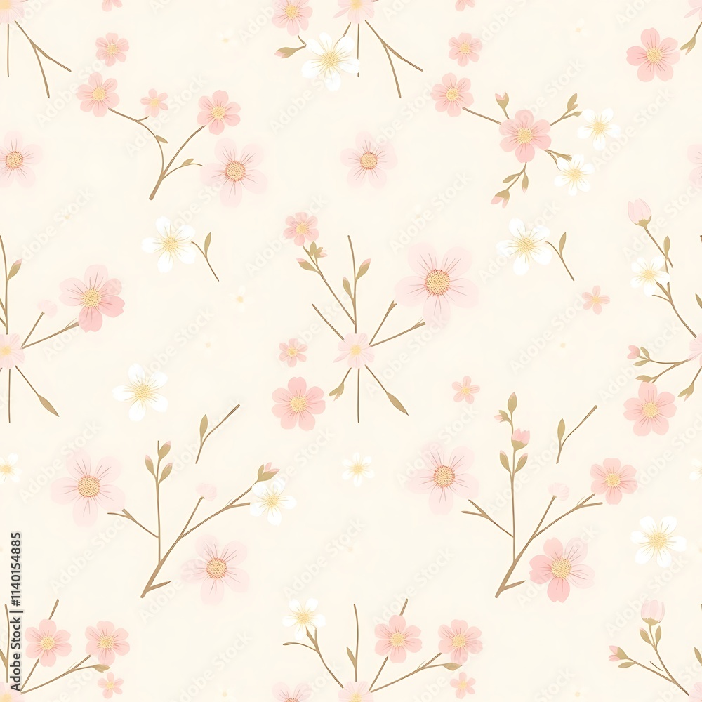 Delicate Floral Pattern: A charming seamless pattern featuring a scattering of pastel pink and white blossoms on a soft cream background. Delicate Floral Pattern: A charming seamless pattern featuring a scattering of pastel pink and white blossoms on a soft cream background.