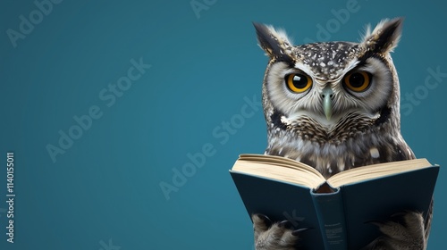 Wisdom and education concept image with a wise owl reading a book on blue background with copy space. photo