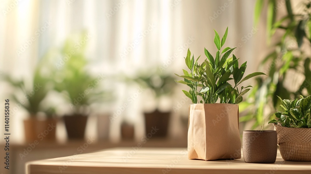 Potted plants on table by sunlit window creating cozy home atmosphere Potted plants on table by sunlit window creating cozy home atmosphere