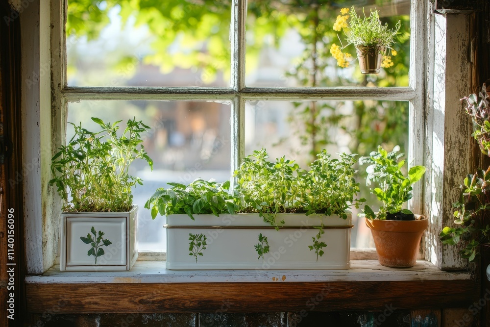 Fototapeta premium Windowsill garden; herbs, containers, rustic wood.