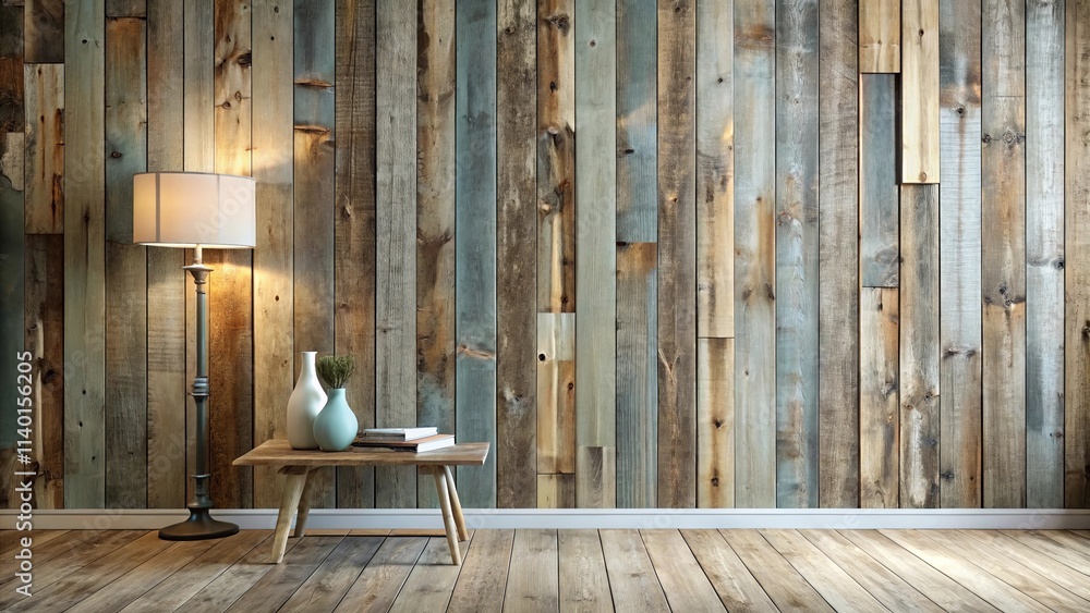 Rustic wooden wall interior design with floor lamp and table Rustic wooden wall interior design with floor lamp and table