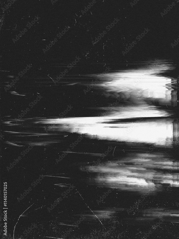 Fototapeta premium Stara faktura filmu z zadrapaniami, szumem i kształtami zakłóceń. Realistyczna faktura filmu nałożonego na czarno-białą, kurz i ziarno. Zniszczony film retro lub negatywny efekt nostalgii za kinem. Grafika