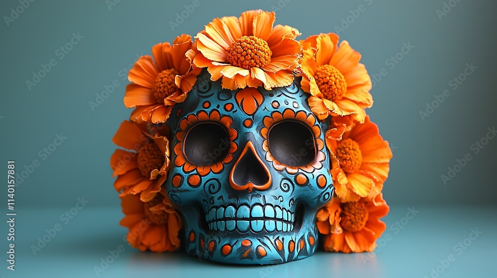 A vibrant sugar skull with marigolds, A vibrant sugar skull with marigolds,