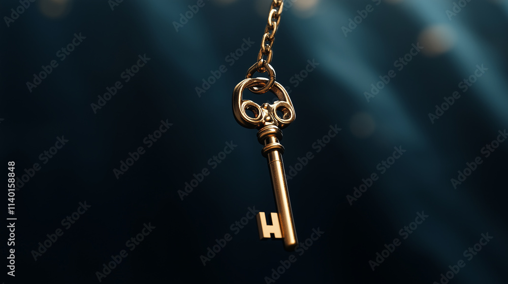 Golden Key Hanging in a Dark Void with Light Beams Golden Key Hanging in a Dark Void with Light Beams