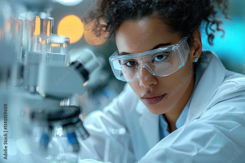 female scientist working with a microscope in the laboratory. She wears safety glasses and a lab coat and looks closely at the sample she's studying. female scientist working with a microscope in the laboratory. She wears safety glasses and a lab coat and looks closely at the sample she's studying.