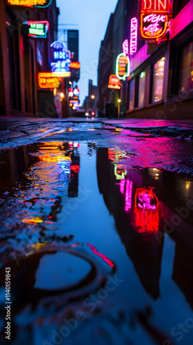 Vibrant neon signs of Nashville's honky tonk highway mirrored in a puddle on Printer's Alley at twilight