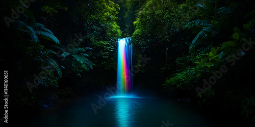 Wallpaper Mural Immersive waterfall with a rainbow shining in the middle of a tropical forest at night, creating a magical and surreal atmosphere Torontodigital.ca