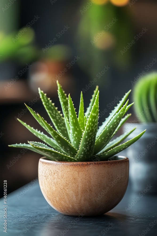 Aloe Vera Plant in Pot on Dark Table with Empty Space for Product Aloe Vera Plant in Pot on Dark Table with Empty Space for Product