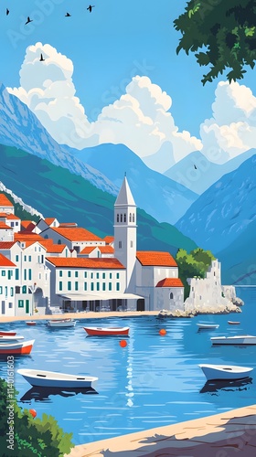 Cartoon vector-style landscape view of a large bay with boats in the foreground, white buildings on one side, and green mountains behind them
