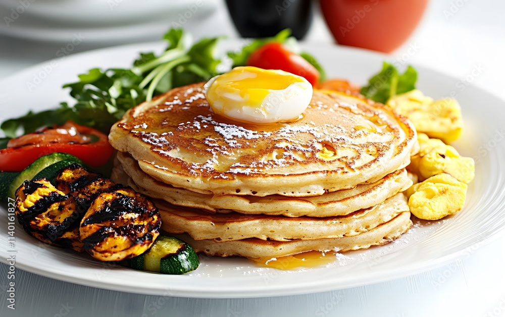 A delicious plate of pancakes topped with a poached egg, served with grilled vegetables and herbs. A delicious plate of pancakes topped with a poached egg, served with grilled vegetables and herbs.