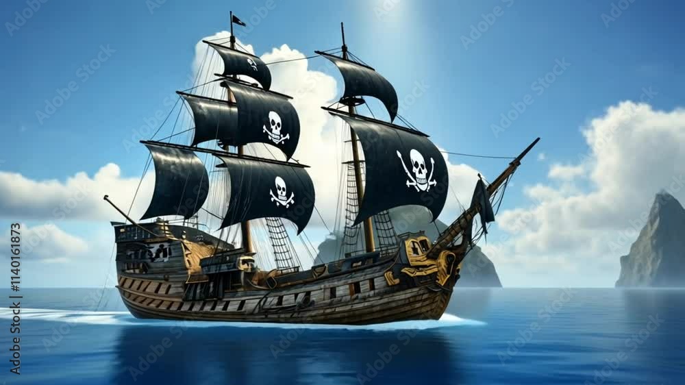 A pirate ship sails across the blue sea, proudly displaying its black and white skull flag