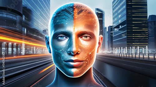 Futuristic Cyborg Human Face with Half Human and Half Robotic Design in Modern City Environment

 photo