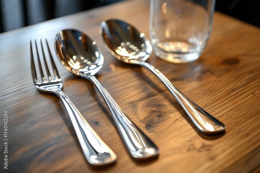 Shiny silverware, empty glass, wooden table. Shiny silverware, empty glass, wooden table.