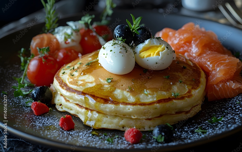 A delicious breakfast plate featuring pancakes, eggs, salmon, and fresh fruits. A delicious breakfast plate featuring pancakes, eggs, salmon, and fresh fruits.
