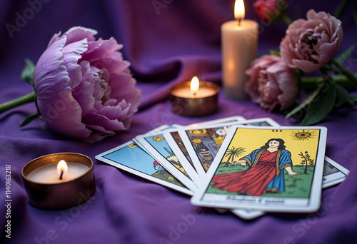 Tarot card layout with magic stones and lit candles