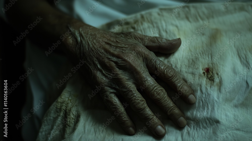 Close-up of an elderly person's hand resting on a white sheet, showing the delicate details of aging skin. Close-up of an elderly person's hand resting on a white sheet, showing the delicate details of aging skin.