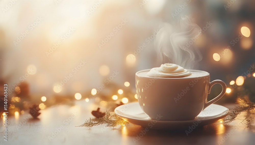 Fototapeta premium Warm winter beverage in a cozy setting, steaming mug of hot chocolate with whipped cream, bokeh lights, festive background.