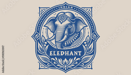 Photography Vintage blue on beige Indian elephant emblem, monochrome vector design