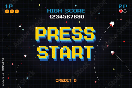 PRESS START. INSERT A COIN TO CONTINUE. pixel art .8-bit game. Retro Futurism Sci-Fi Background. glowing neon grid. and stars from vintage arcade computer games