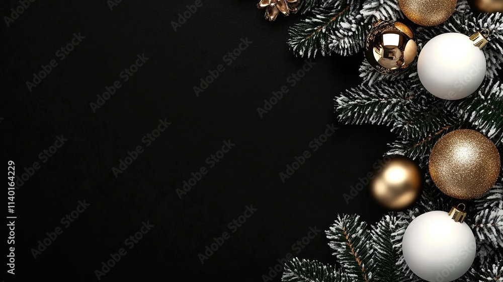Festive Christmas border, pine branches and gold-white ornaments on a black background, perfect for New Year's decorations, with text copy space, professional color grading, cinematic lighting Festive Christmas border, pine branches and gold-white ornaments on a black background, perfect for New Year's decorations, with text copy space, professional color grading, cinematic lighting