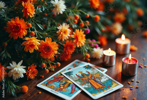 Tarot card layout with magic stones and lit candles