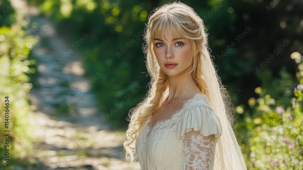 Bride walking on a stone path. Bride walking on a stone path.