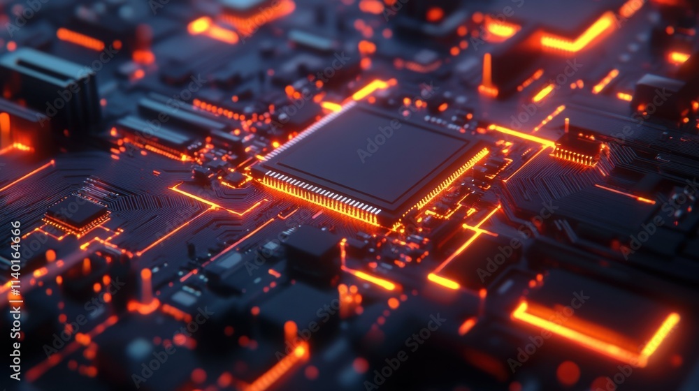 Close-up of a glowing microchip surrounded by vibrant neon circuits, symbolic depiction of advanced technology, isolated with a clean gradient background for clarity. Close-up of a glowing microchip surrounded by vibrant neon circuits, symbolic depiction of advanced technology, isolated with a clean gradient background for clarity.