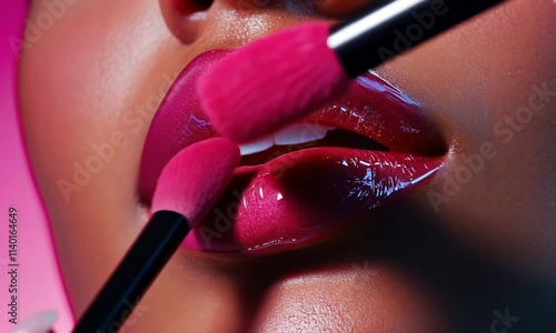Close-up of glossy pink lips being applied with a lip gloss wand.