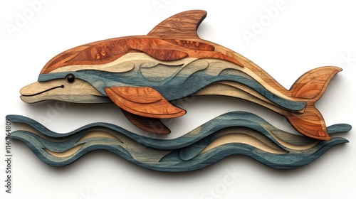 Intricate wooden dolphin leaping over layered waves, ocean animal art. photo