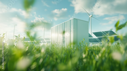Concept of energy storage batteries system, wind power, wind turbines and Li-ion battery container, and solar panels in the background