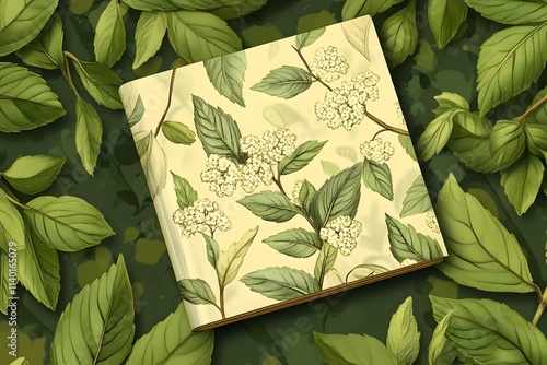 A decorative book surrounded by green leaves and floral patterns, suggesting nature themes.