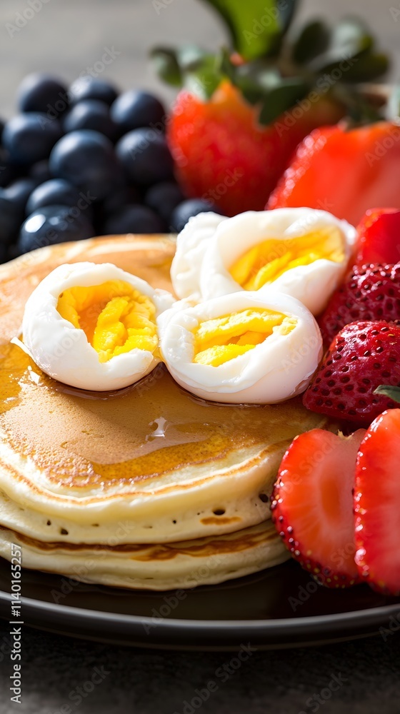 A delicious breakfast plate featuring pancakes, fruits, and soft-boiled eggs. A delicious breakfast plate featuring pancakes, fruits, and soft-boiled eggs.