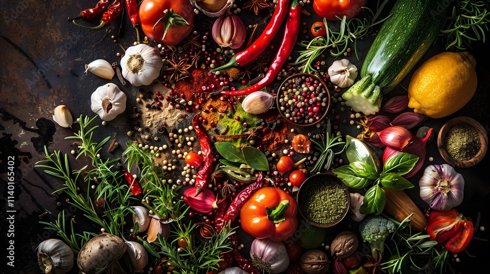 Fresh vegetables, herbs, and spices arranged on a dark surface. Fresh vegetables, herbs, and spices arranged on a dark surface.