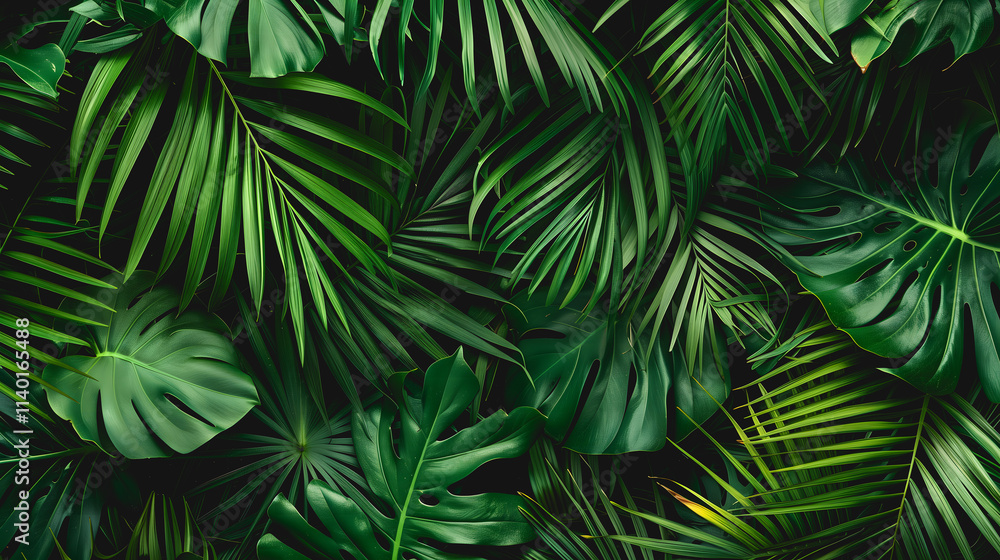 Un mur dense composé de feuilles de palmiers et de plantes tropicales vertes. Un mur dense composé de feuilles de palmiers et de plantes tropicales vertes.