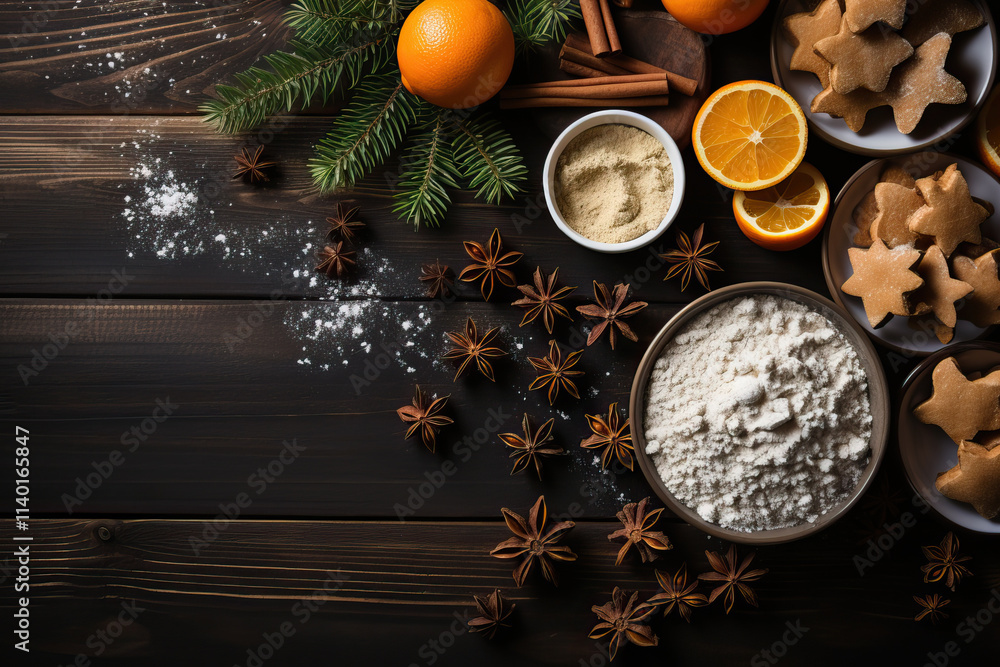 Festive scene with star-shaped cookies, flour, spices, citrus fruit, and fir branches on a rustic wooden table, suggesting holiday baking preparations. Festive scene with star-shaped cookies, flour, spices, citrus fruit, and fir branches on a rustic wooden table, suggesting holiday baking preparations.