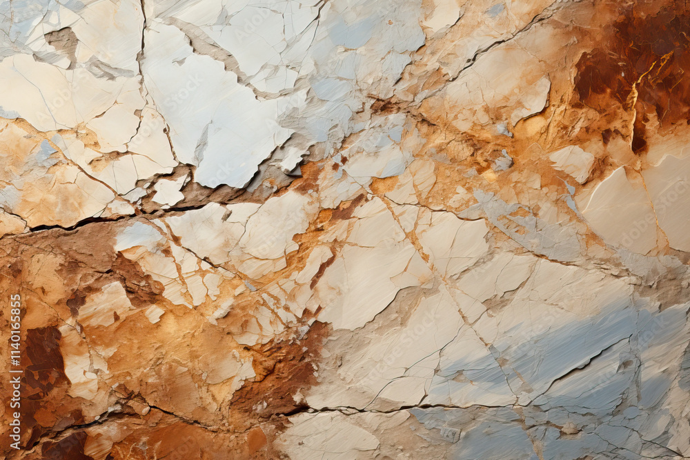 Fototapeta premium Close-up of a cracked surface revealing a mix of orange, gray, and white hues. The weathered texture suggests age and exposure to the elements, creating an abstract and natural pattern.