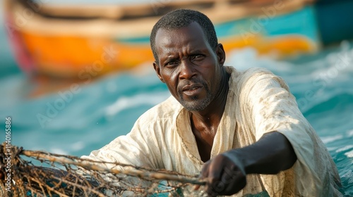 Fisherman in ocean with net.