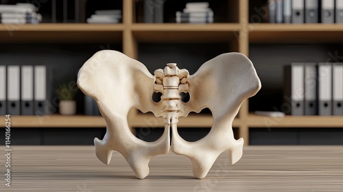 Medical prosthetics concept. 3D model of a human pelvis displayed on a wooden surface with a blurred bookshelf backdrop. photo