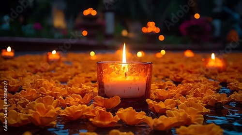 Day of the Dead marigold petals and candles, remembering the departed 