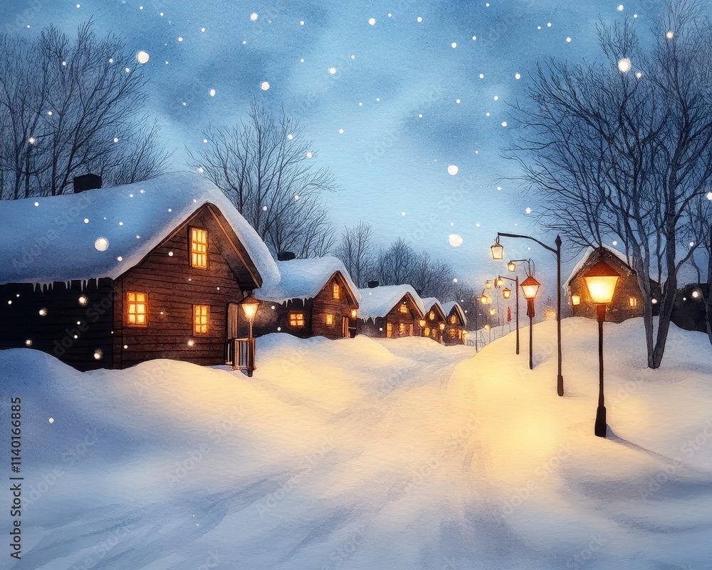 Cozy Snowy Village at Dusk with Illuminated Cabins and Soft Falling Snowflakes Cozy Snowy Village at Dusk with Illuminated Cabins and Soft Falling Snowflakes