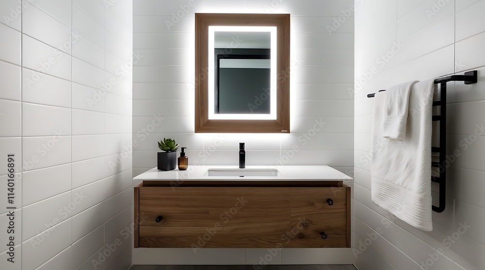 Fototapeta premium Modern Minimalist Bathroom Design: Sleek Vanity, Illuminated Mirror, and Heated Towel Rail
