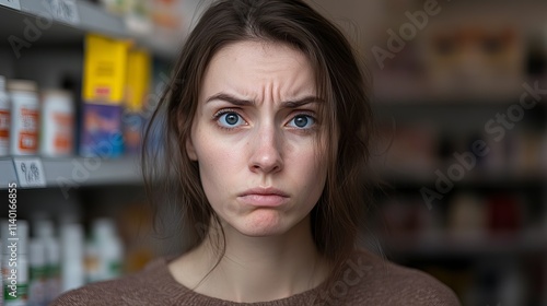 A young woman with a worried expression, standing in front of a shelf of products.